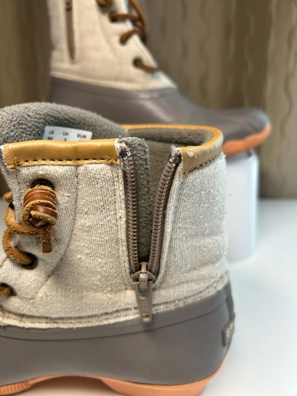 Sperry Saltwater Sport Girl's 3M Duck Boot Side Zip Gray Tan Peach STK164544